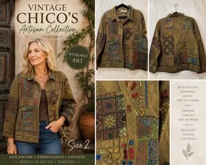 Vintage Chico's Artisan Patchwork Embroidered Tapestry Jacket Boho Size 2